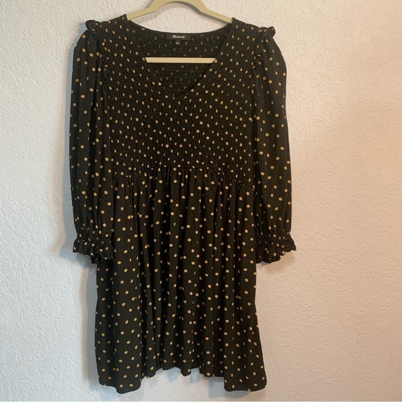 Madewell Lucie Smocked Dot V-Neck Long Sleeve Mini Dress - Picture 1 of 6